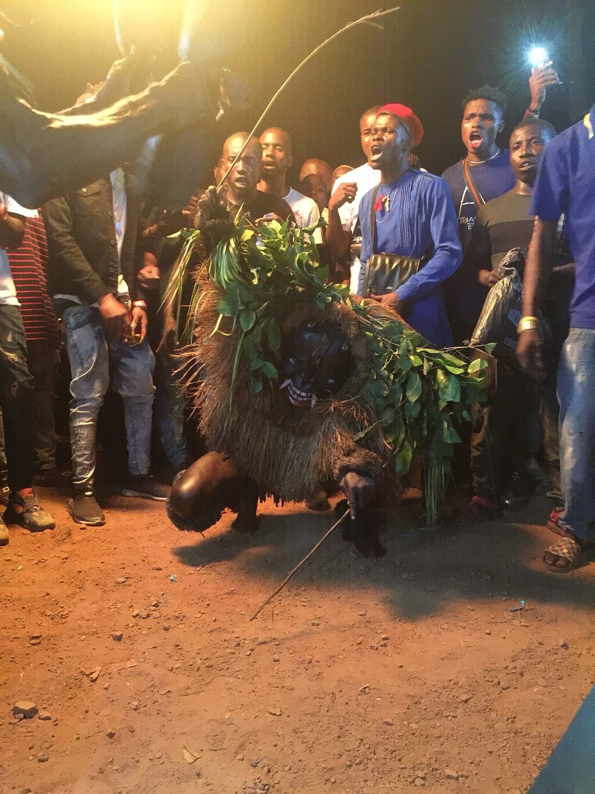 An Ekpo masquerade figure in raffia and cloth, mid-performance.