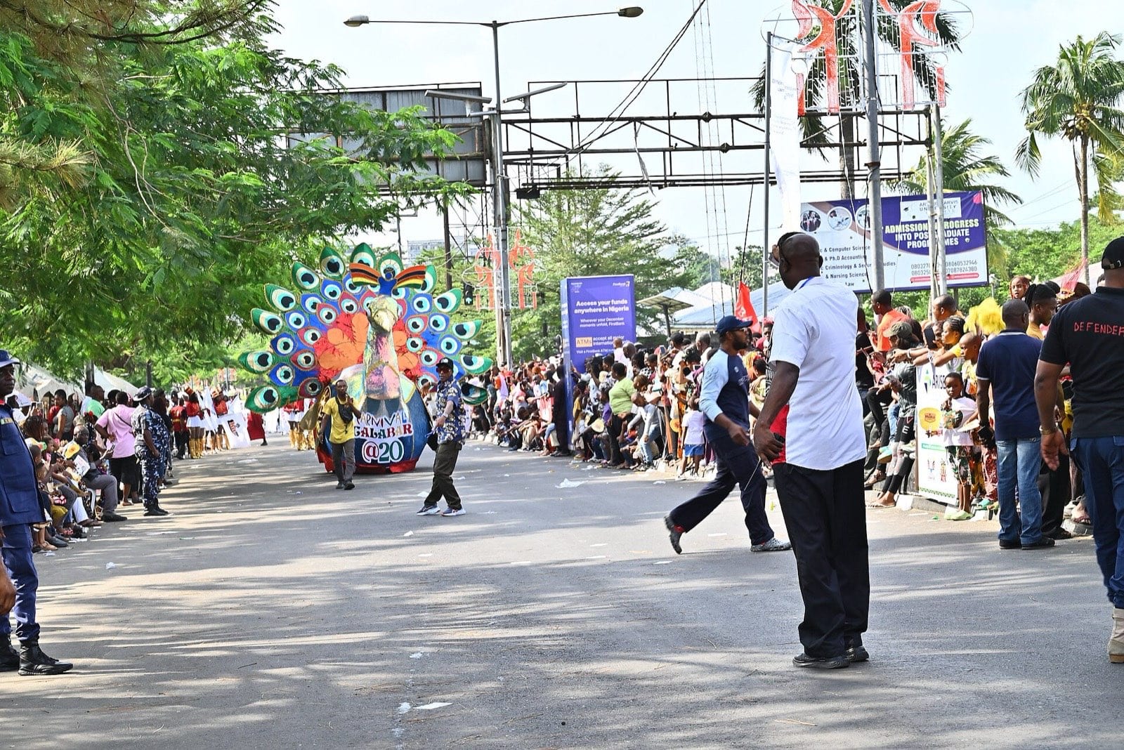 Dancers in elaborate headdresses at the Calabar carnival.