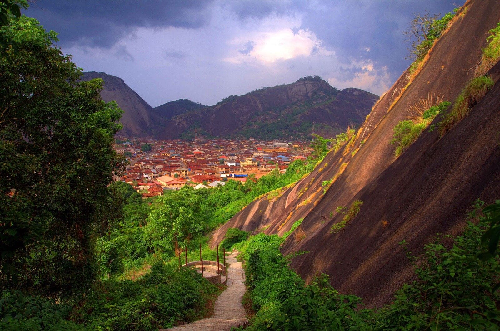 The ancient hill settlement at Idanre seen across the rock.