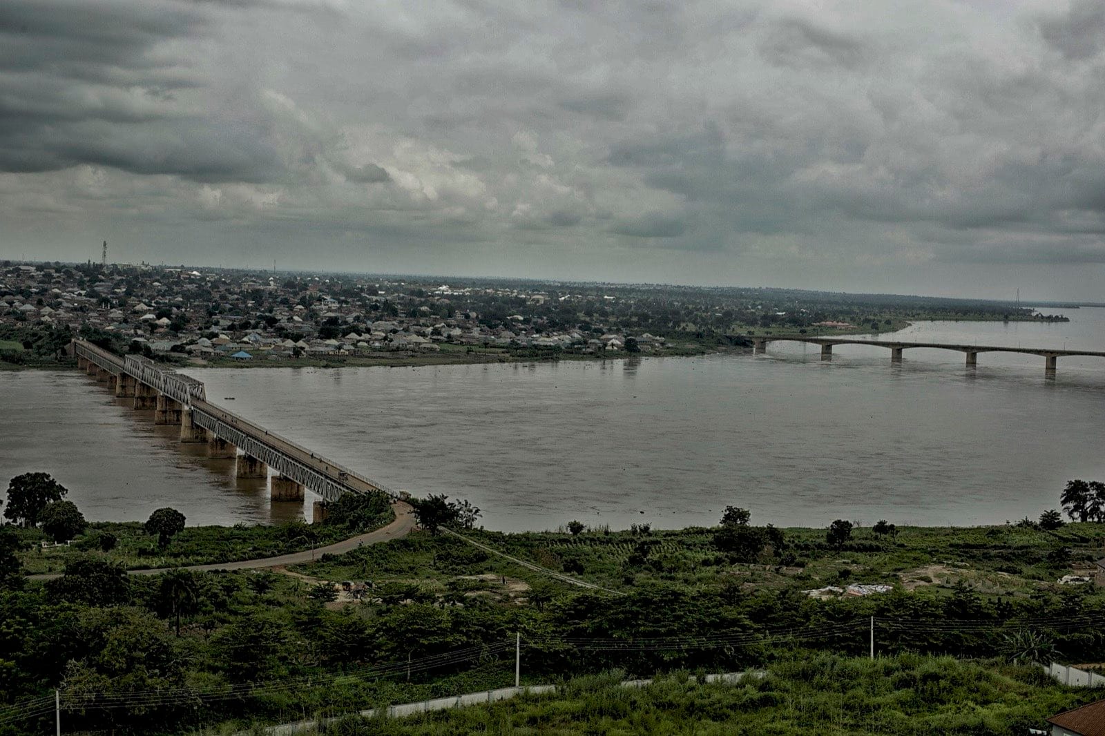 The River Benue at Makurdi with both road bridges crossing it.