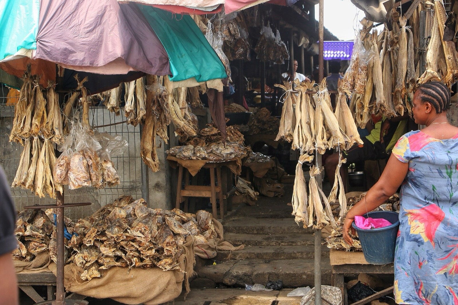 A market stall hung with stockfish in several sizes.