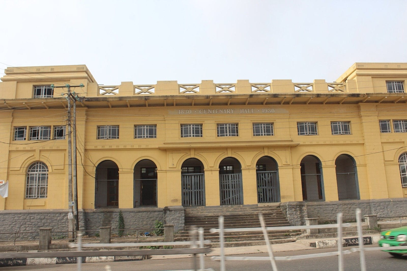 A colonial-era public hall with a colonnaded front.