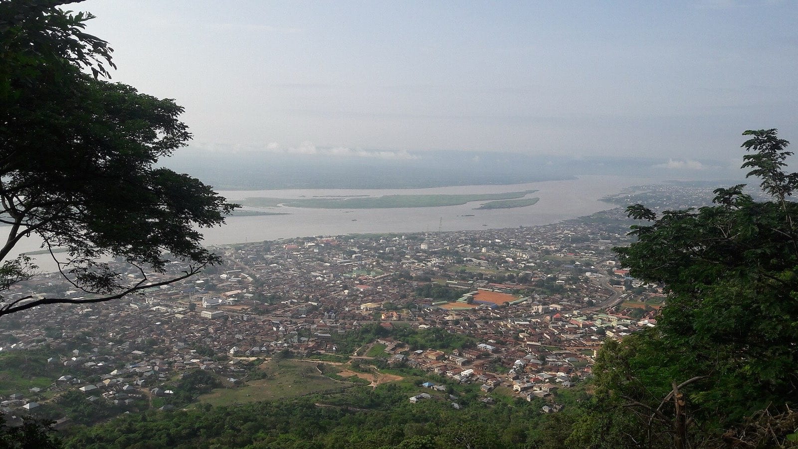 Lokoja town seen from the hill above it, with the river beyond.
