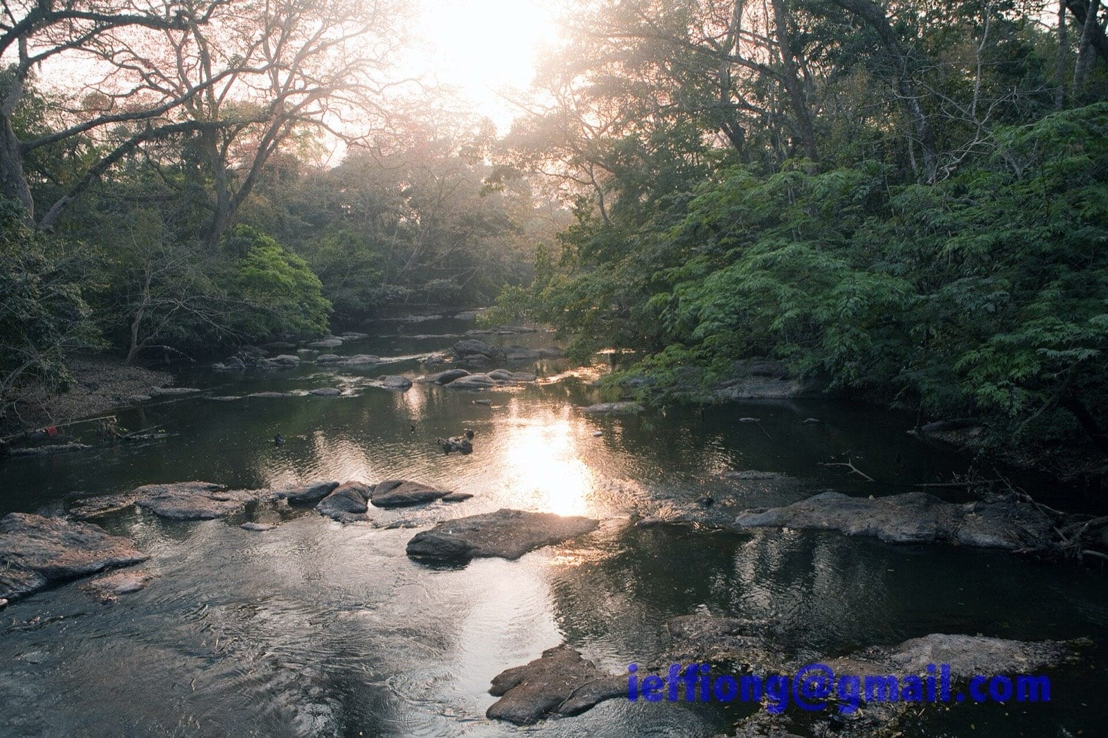 Sunset over the Osun river seen from near a suspension bridge.